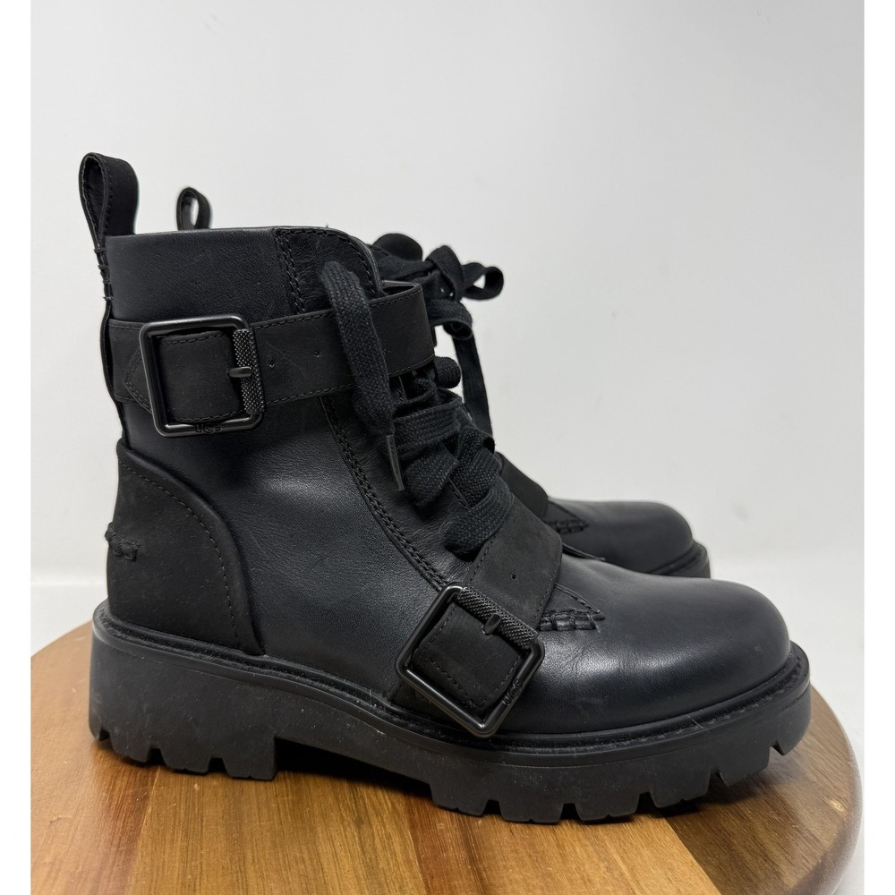 UGG Boots Womens Size 6 Noe‎ Black Leather Combat Ankle Buckle Zip Lace Up
